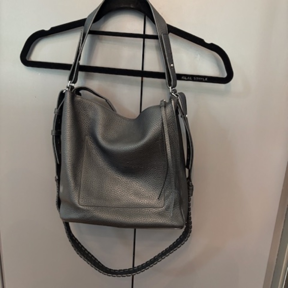 ALL SAINTS BLACK LEATHER TOTE WITH ZIPPER & STRAP